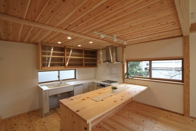 一段下がったキッチンはカウンターに座った際にキッチンに立つ奥さんと目線が合うようになっています。 一段下がったキッチンはカウンターに座った際にキッチンに立つ奥さんと目線が合うようになっています。