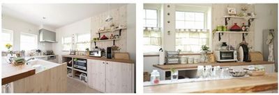 　家の中でいちばん拘ったキッチン。奥様の長年の夢が詰まっています。手前のキッチンカウンターはこだわりの一枚板です。木肌をそのまま出しています。経年変化で味わいが出てくるでしょう。