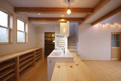 キッチンから続くダイニングテーブルは調理台の役目も兼ねます キッチンから続くダイニングテーブルは調理台の役目も兼ねます