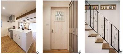 ③キッチンは造作です。天板はホワイトのタイルの中にところどころポイントにグレーのタイルを貼っています。
④リビングドアもご購入頂いたステンドグラスと、アンティークのドアノブを付けて造作しました。 
⑤階段手摺もオリジナルです。