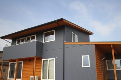 クールな雰囲気の外壁に天然木の鎧張りがアクセントの外観