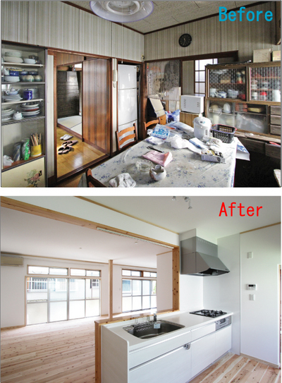 新しいシステムキッチンに入れ替え、和室との間仕切りをなくし広いLDK。