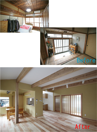 日当たりの良い和室・玄関をLDKに変更。
空間にアクセントを付ける為、無垢の梁をあらわし仕上げにしました。