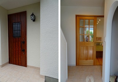 玄関ドアはプロヴァンスの雰囲気に、内部は明るい空間がご希望でしたので、玄関ホールのドアは無垢ドアにしクリアー塗装にしました。 玄関ドアはプロヴァンスの雰囲気に、内部は明るい空間がご希望でしたので、玄関ホールのドアは無垢ドアにしクリアー塗装にしました。