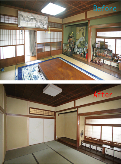 8畳間を6畳間に変更。床の間・書院は残しつつ、仕上げを変更。 8畳間を6畳間に変更。床の間・書院は残しつつ、仕上げを変更。