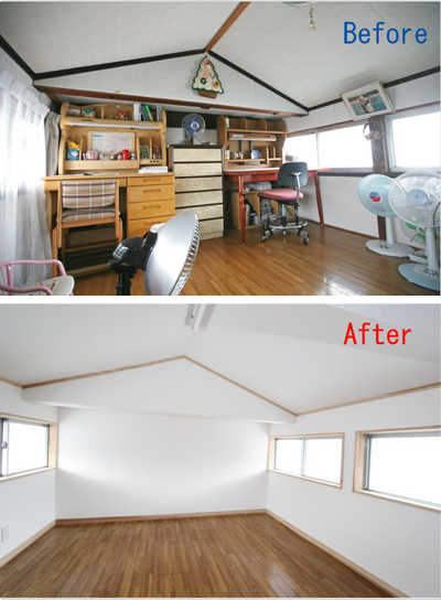 2階納戸スペースは仕上げを変更。2階へつながる階段も、以前のまま残しました。