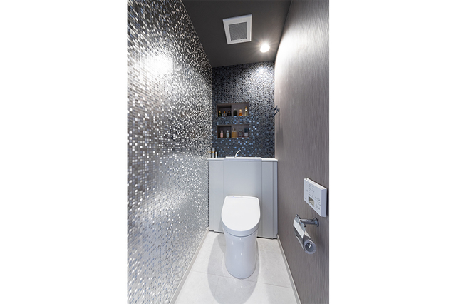 異空間のトイレは、明るいシルバーをベースに背面は黒のモザイクタイルを張りニッチを設けて豪華さを演出しています。 異空間のトイレは、明るいシルバーをベースに背面は黒のモザイクタイルを張りニッチを設けて豪華さを演出しています。