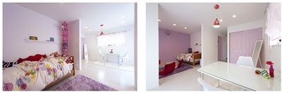 　2階の2部屋を1部屋にして、フローリングは白にしています。壁のピンクのアクセントクロスと収納建具の色がとてもかわいい色合いです。