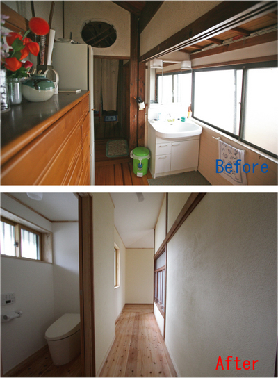 脱衣室を広くする為、トイレ位置を変更。
壁の位置を廊下に側に移動させ、トイレ空間を広く計画。 脱衣室を広くする為、トイレ位置を変更。
壁の位置を廊下に側に移動させ、トイレ空間を広く計画。