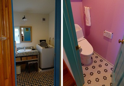 洗面化粧台はお気に入りのタイルでオリジナル仕様。
暗くなりがちなトイレは明るく楽しい雰囲気に！